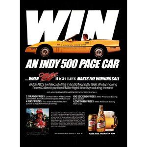 1986 Miller High Life Beer Corvette Indy 500 Pace Car Vintage Print Ad Wall Art
